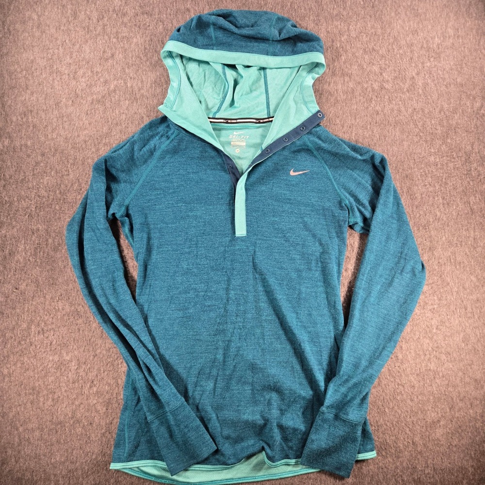 Nike Running Hoodie Women M Teal Blue‎ Dri-Fit Wool Blend Pullover 746790-470